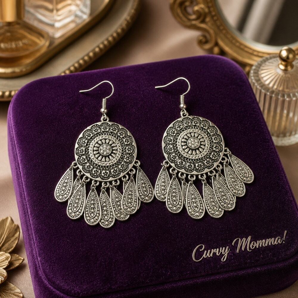 Boho Oxidized Silver Mandala Shield Chandelier Drop Earrings